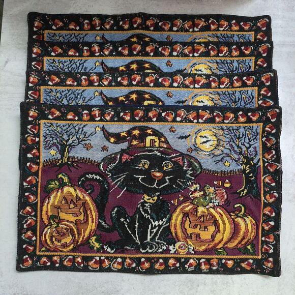 Halloween Placemats Set of 4 Black Cat and Pumpkins Design Festive Table Decor - Picture 1 of 10